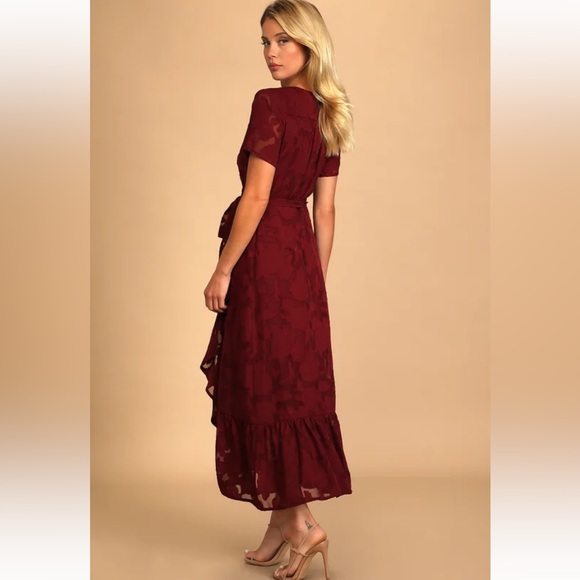 Lulus Blissfully Floral Midi Wrap Burgundy Dress - Picture 3 of 6